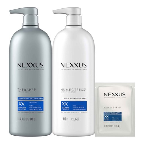 Nexxus Shampoo and Conditioner and 3 Hair Treatment Masks Therappe Humectress 5 Pack for Dry Hair Silicone-Free, Moisturizing Caviar Complex and Elastin Protein 33.8 oz & 1.5 oz