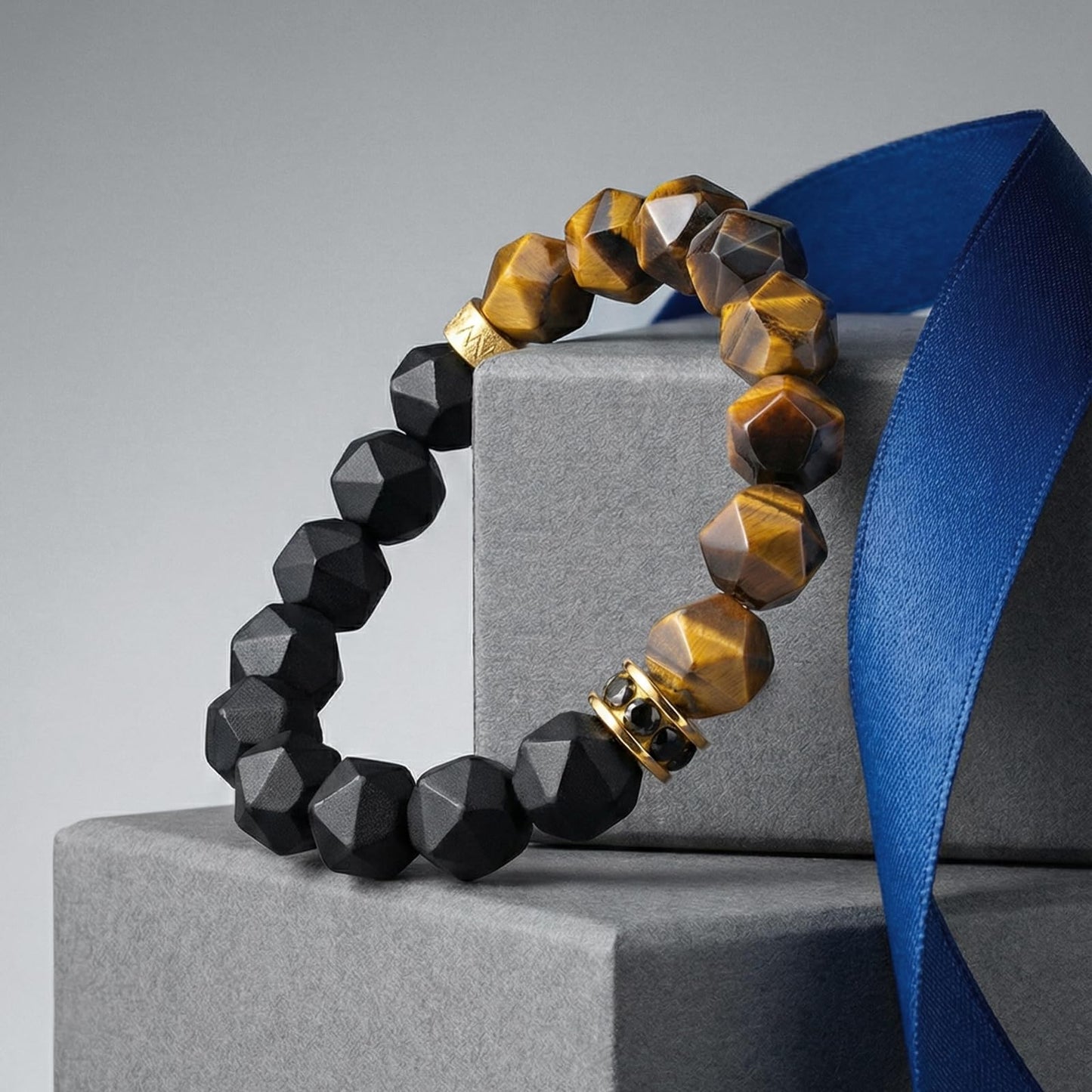 AWNL Men's 10mm Beaded Bracelet for Men with Brown Tiger Eye and Black Onyx Bracelet Energy Healing Double Protection Chakra Bracelet with Lucky Wheel Charms