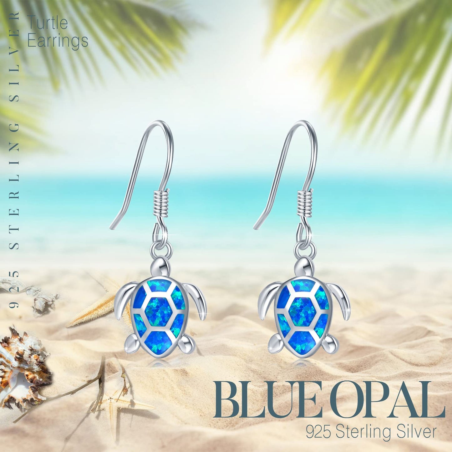 Sea Turtle Earrings,Sterling Silver Hawaiian Beach Themed Stud Earrings Tortoise Animals Drop Dangle Blue Opal Ocean Tarnish Resistant Jewelry Gifts for Women Girlfriend Mom Mother Sister (Leverback Turtle Earrings)