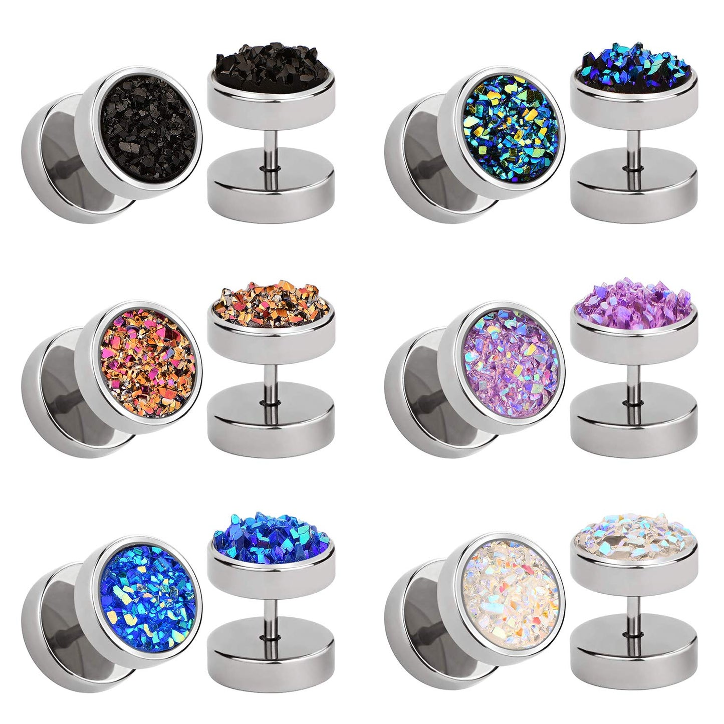 JFORYOU 6 Pairs Round Stud Earrings Stainless Steel Druzy Studs Earrings Set for Women Mens Faux Fake Cheater Ear Plugs Gauge Punk Style