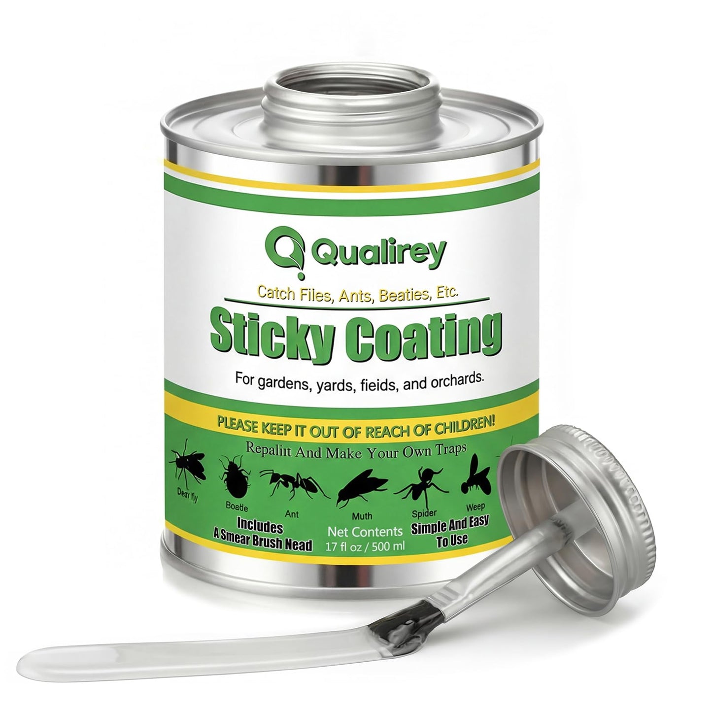 Qualirey 1 Pack Tangle Trap Sticky Coating with Brush, Insect Barrier Outdoor DIY Adhesive Traps Coating Lanternfly, Deerflies,for Gardens, Orchards and Around The Home to Protect Trees Plants (17 oz)