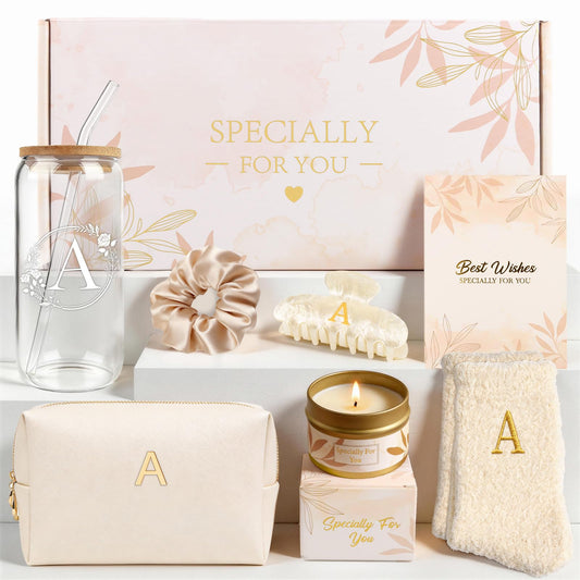 A-Z Personalized Gifts for Women - Initial Cute Hair Clips + Glass Cups w/Lids Straws, Makeup Bag Monogrammed Gift for Women，Unique Ideas Birthday Gift for Her, Christmas & Bridesmaid Gifts, A