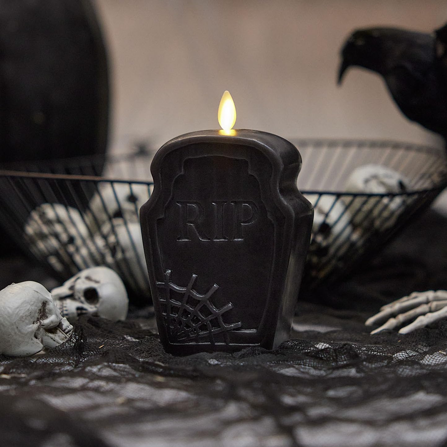 Luminara Black Flameless Candle RIP Tombstone Figural (2" x 5.5"") Moving Flame Battery Operated LED Candle Lights Halloween Decoration"