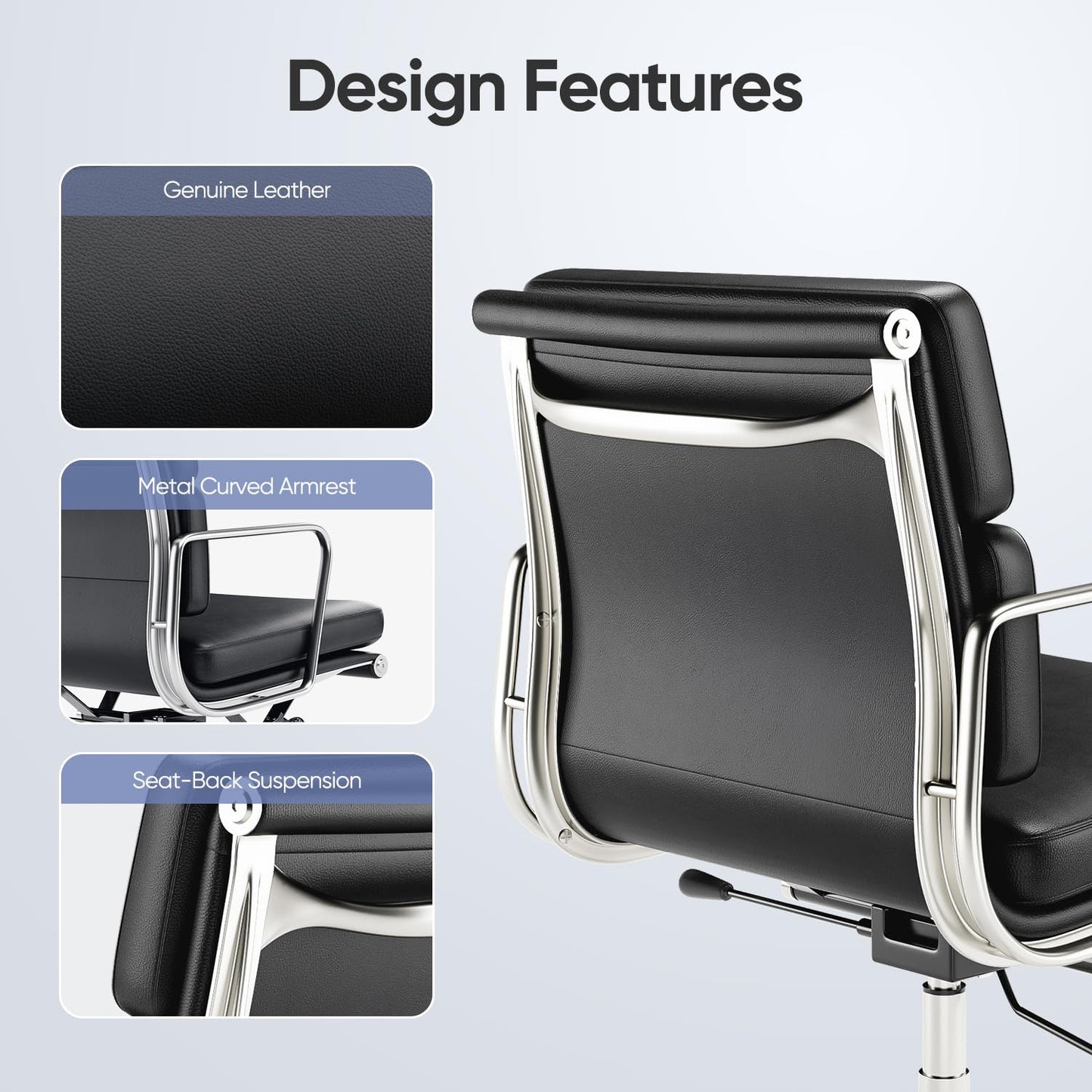 Aekinsly Top Grain Leather Mid-Back Executive Office Chair, Ergonomic Desk Chair with Aluminum Alloy Frame & 5-Star Base, Thick Plush Cushion, Lumbar Support Swivel Chair for Home Office