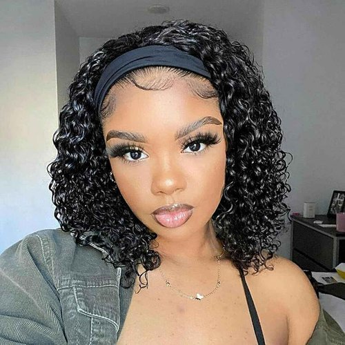 Jilnor Half Wig 200 Density Kinky Curly Half Wig Human Hair Glueless Wear Go Curly Wig Beginner Friendly Seamless Flip Over Wig with Drawstring 3 In 1 Headband Wig for Women 16 Inch