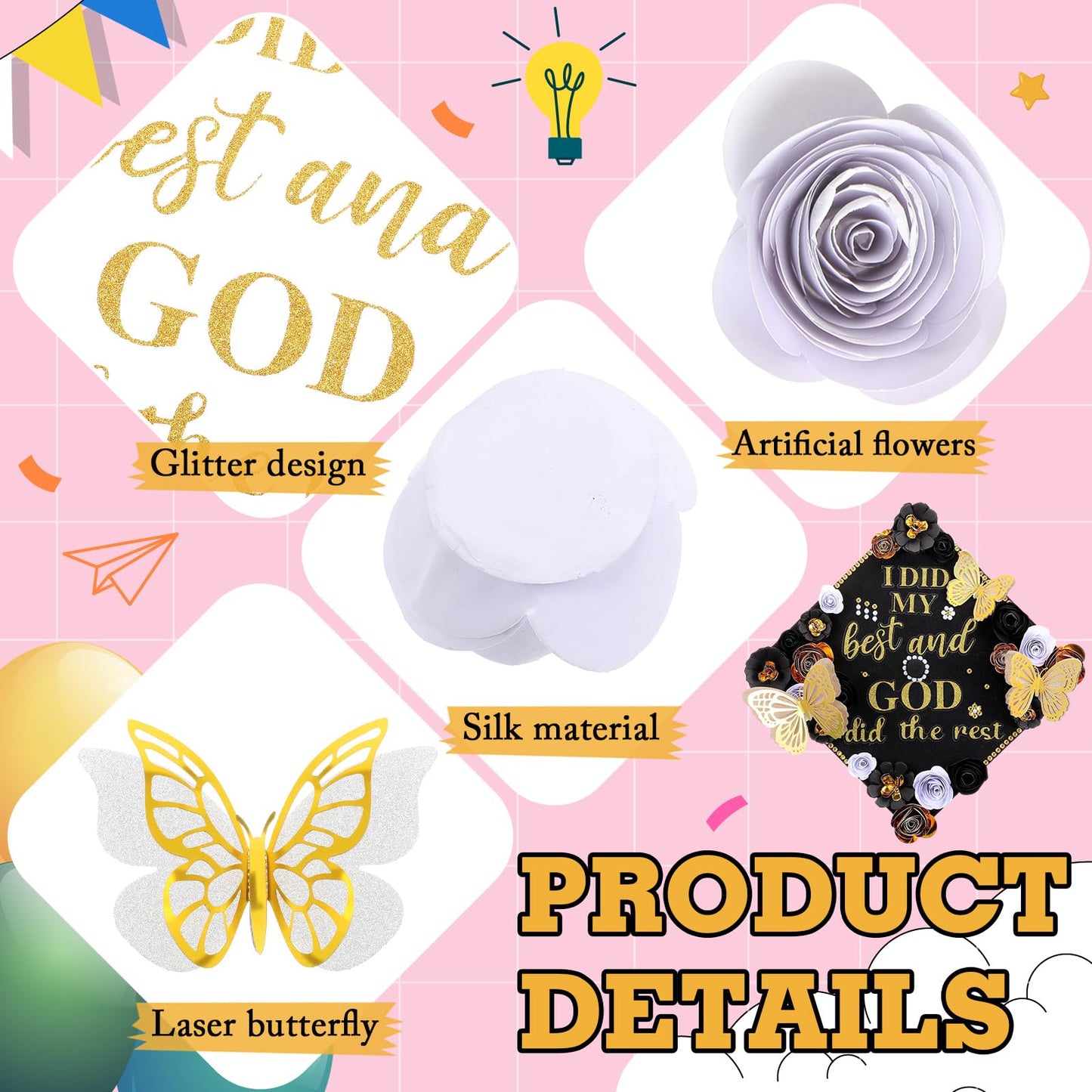 Feifeiya 44 Pcs DIY Graduation Cap Decoration Accessory Kit Faux Paper Flower Head Graduation Quote Glitter Sticker 3D Butterfly Pearl Rhinestone Sticker for Grad Cap Topper Gift (Black Gold)