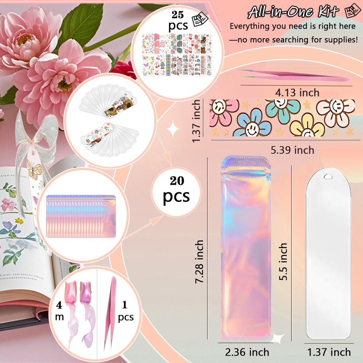 Qrhky 86PCS Acrylic Bookmark Blanks Kit, 20PCS Blank Bookmarks with 25PCS Book Lover UV DTF Sticker, 20PCS Ribbon, 20 Holographic Bags, 1PCS Tweezers, Clear Bookmark Kit for DIY and Gifts