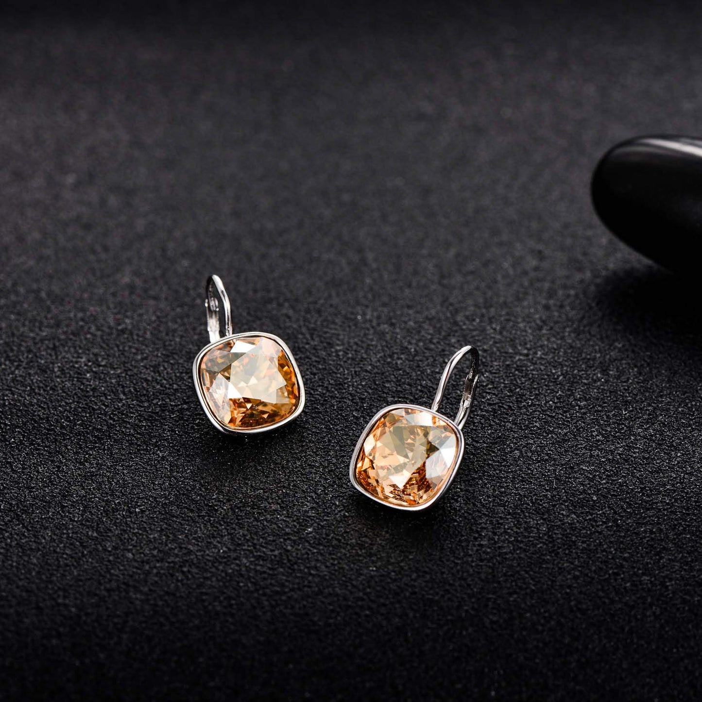 AOBOCO Sterling Silver Leverback Earrings Embellished with Crystals from Austria, Hypoallergenic Cushion Cut Square Crystal Earrings, Fine Anniversary Birthday Jewelry Gifts for Women (Simulated Citrine)