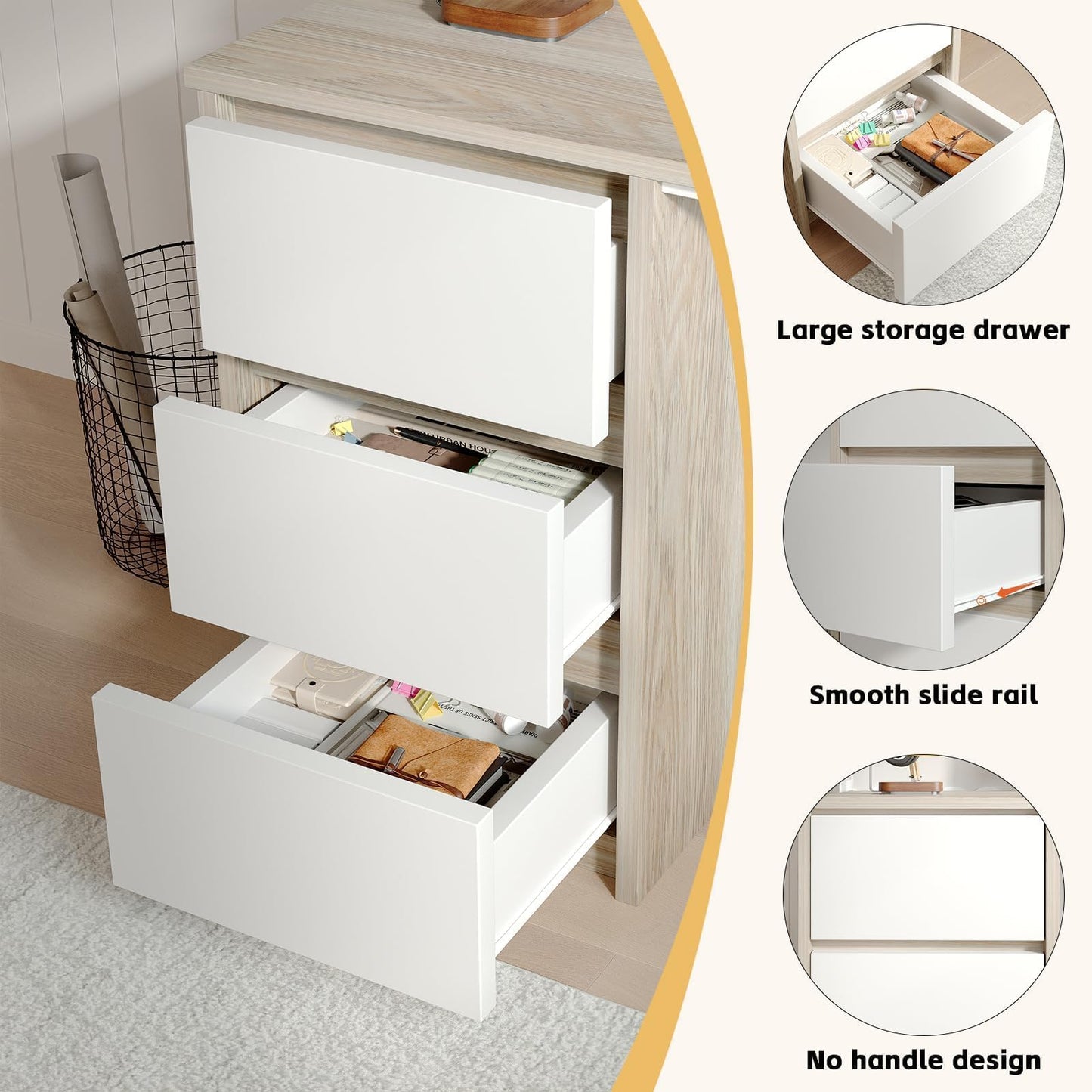 MaverickFurni Computer Desk with Hutch, 47 Inch Small Desk with 3 Drawers for Bedroom, Study Writing Desk with Shelves for Small Spaces, Adjustable Feet, White and Walnut