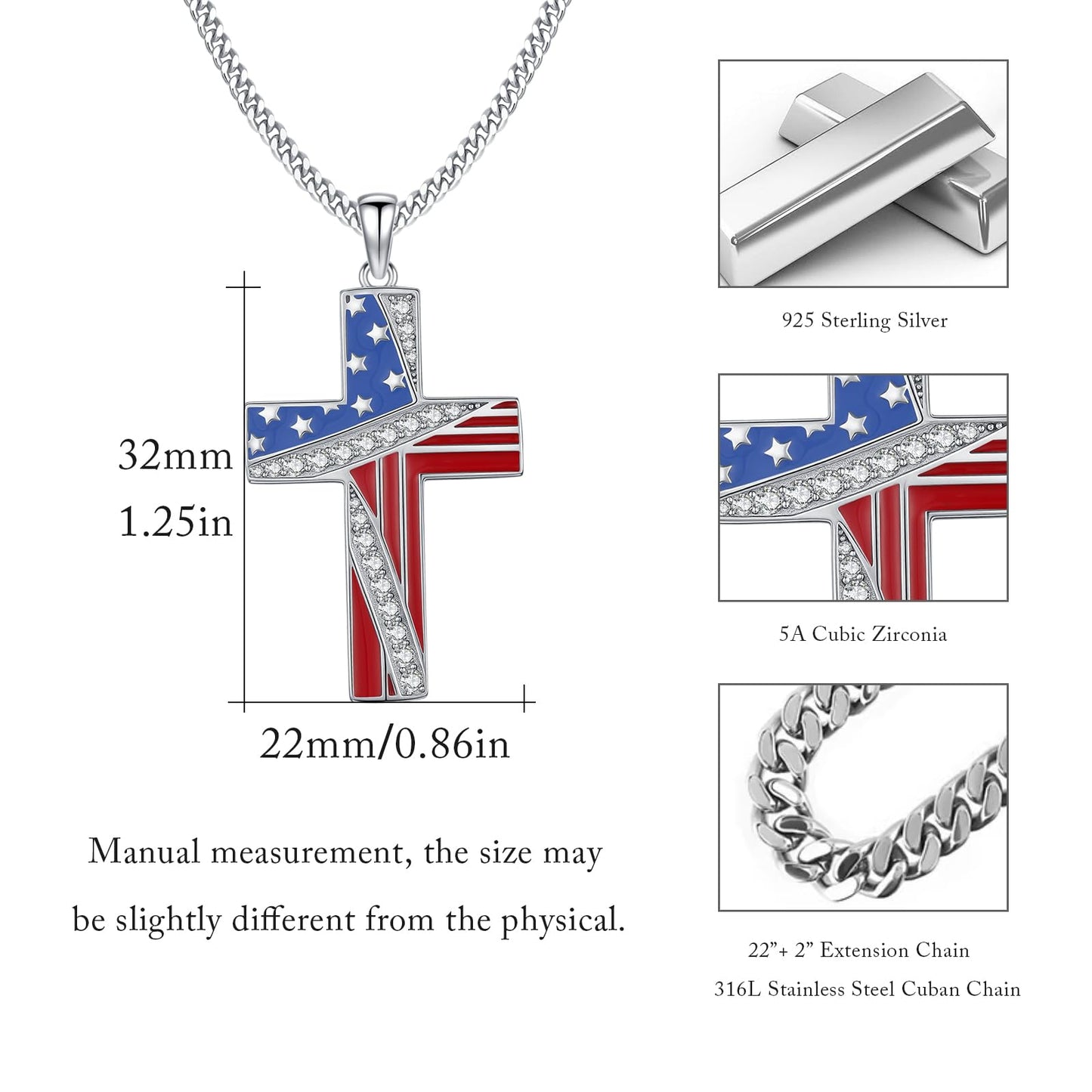YEESIA American Flag Cross Necklace for Men Women 925 Sterling Silver Patriotic Pendant Necklace Christian Jewelry Gift for Men Women