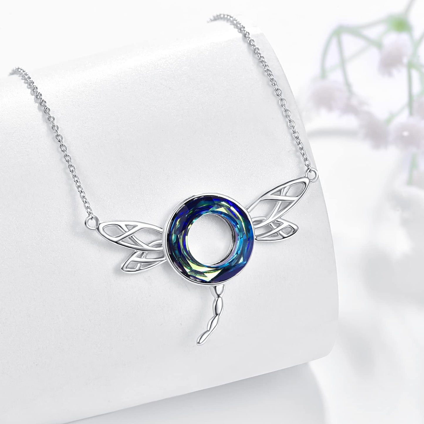 AENEAS Dragonfly Necklace 925 Sterling Silver Crystal Dragonfly Pendant Necklace with Blue Circle Insects Jewelry Gifts for Mom Wife Her