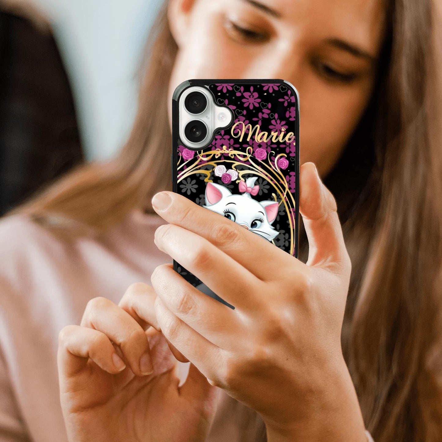 MMYAJT Graceful Marie Cat Phone Case Compatible with iPhone 16 Plus — Golden Lace iPhone Case Shockproof Fuchsia Pink Roses Phone Cover Gift for Boy Girl Men Women