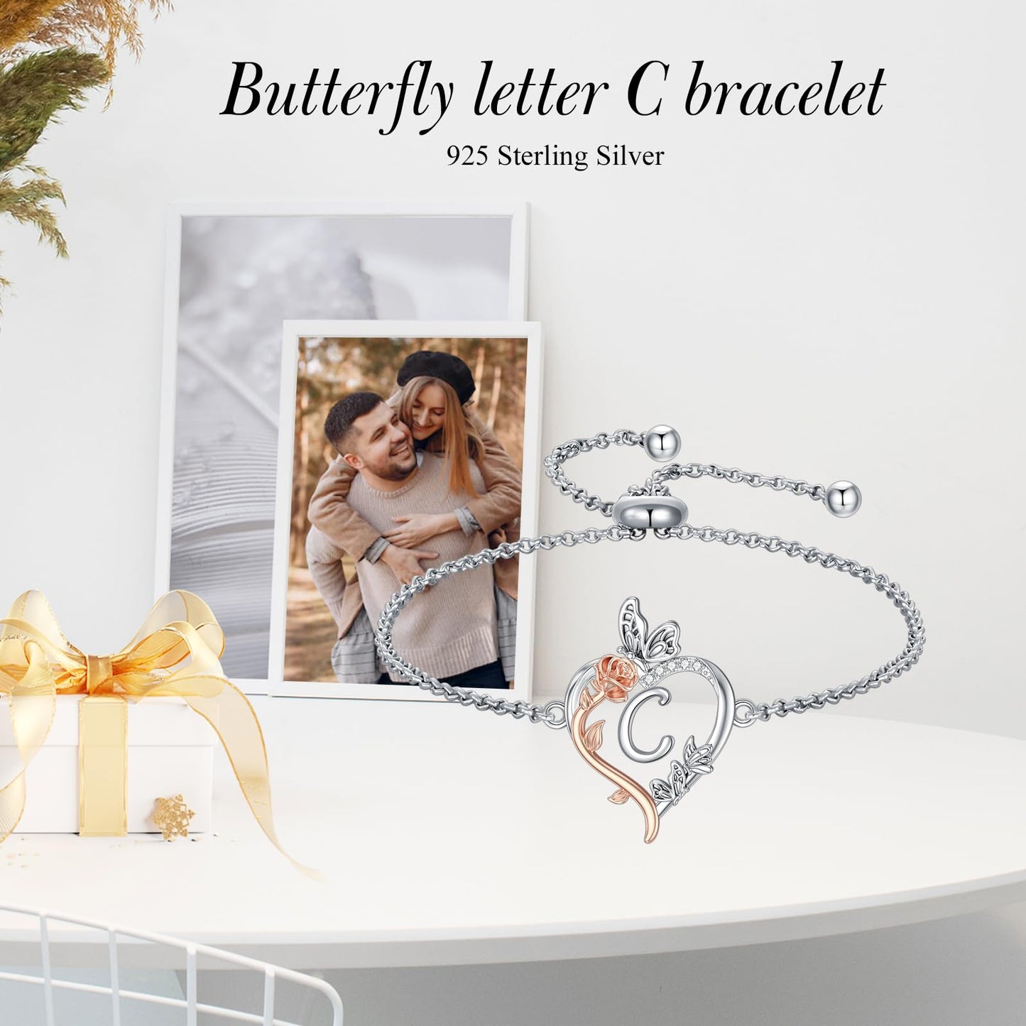 TOUPOP Rose Heart Bracelet for Women Sterling Silver Heart Initial C Letter Bracelet Butterfly Love Jewelry Anniversary Birthday Mothers Day Gifts for Mom Wife Her Girlfriend