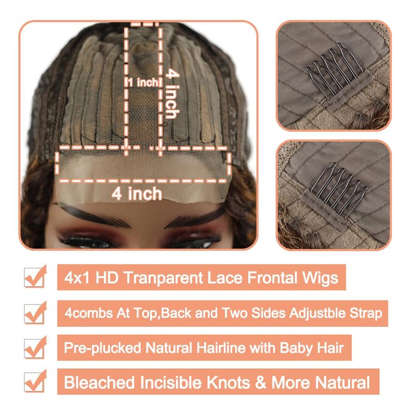 Peenoll Highlight Dark Brown Chocolate P4/30 13X6 Human Hair Lace Frontal Wig Glueless Wigs Human Hair Pre Plucked Pre Cut Lace Frontal Glueless Wigs Elastic Band 200% Density, 16 Inch