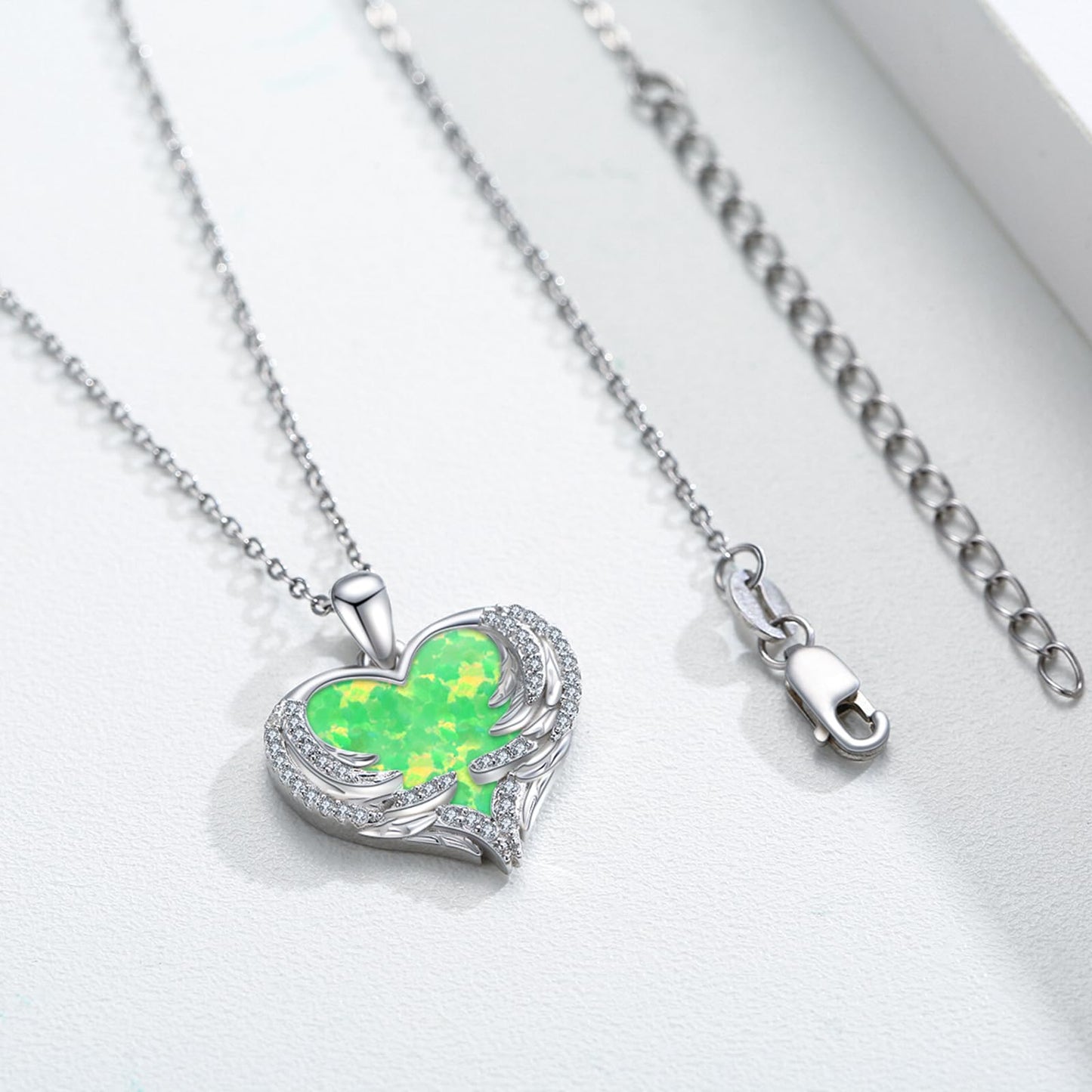 CUOKA MIRACLE Heart Necklace Angel Wing Heart Opal Necklace 925 Sterling Silver Women Necklace Guardian Angel Wings Pendant Necklace Dainty Opal Jewelry Birthday Gifts for Mom Women (Green Opal Wings)