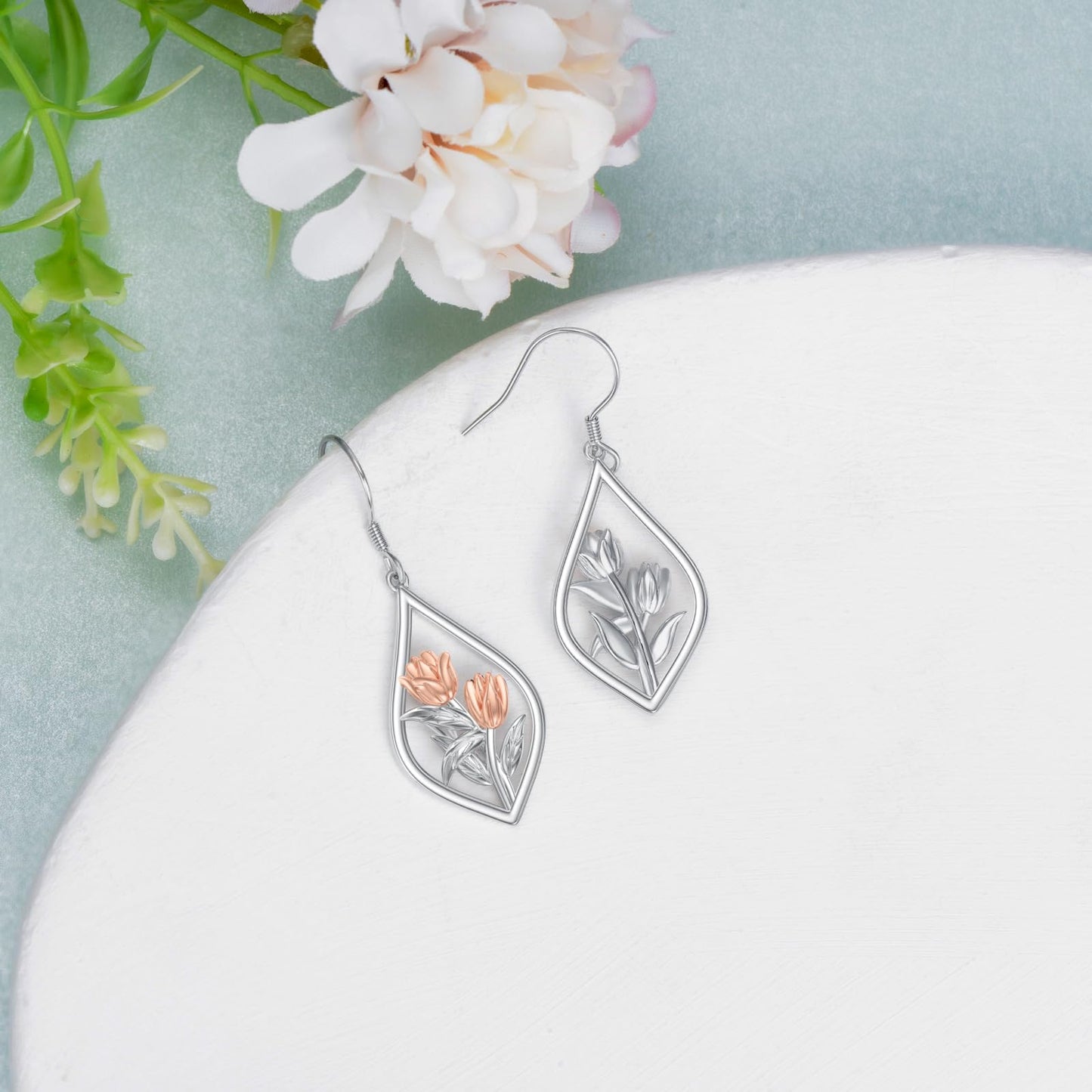 Tulip Earrings Sterling Silver Tulip Flower Floral Dangle Dangling Drop Charm Earrings Tulip Jewelry Gifts for Women