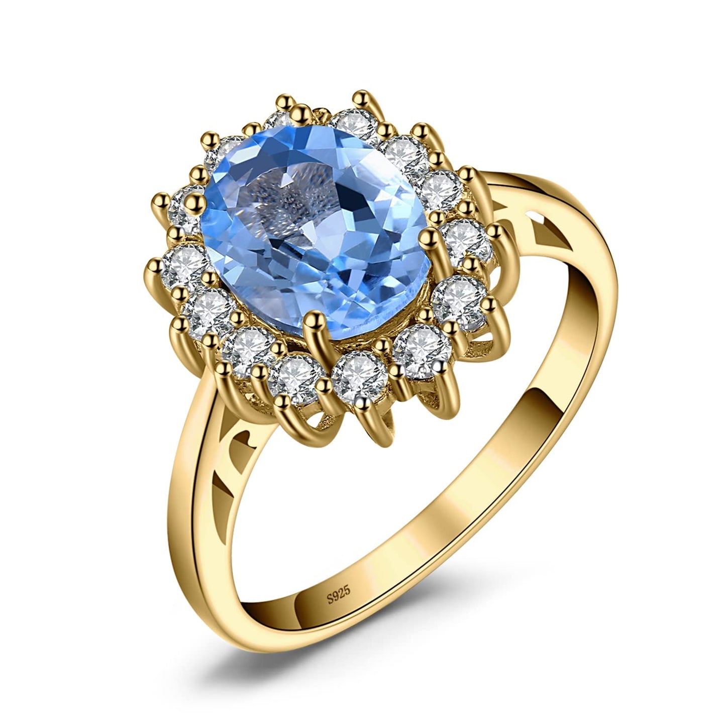 JewelryPalace Princess Diana Kate Middleton Gemstone Birthstone Blue Topaz Halo Statement Engagement Rings for Women, 14K Yellow Gold Plated 925 Sterling Silver Promise Rings for Her Size 10.5