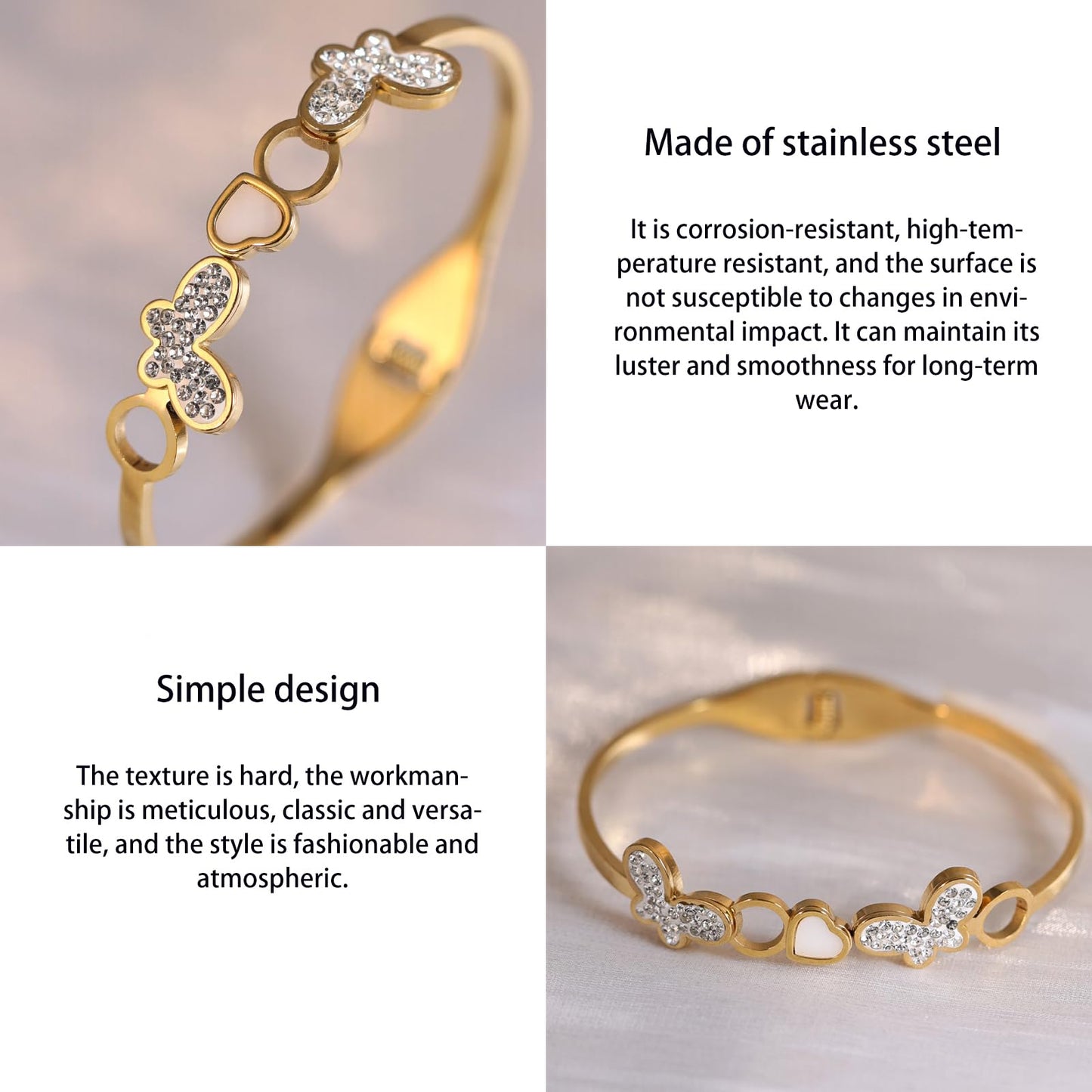 Vbvbip 18K Gold Plated 316L Stainless Steel Bracelet Collection - 12 Unique Designs + Matching Diamond-Accent Titanium Steel Petals Chain, Gift for Women