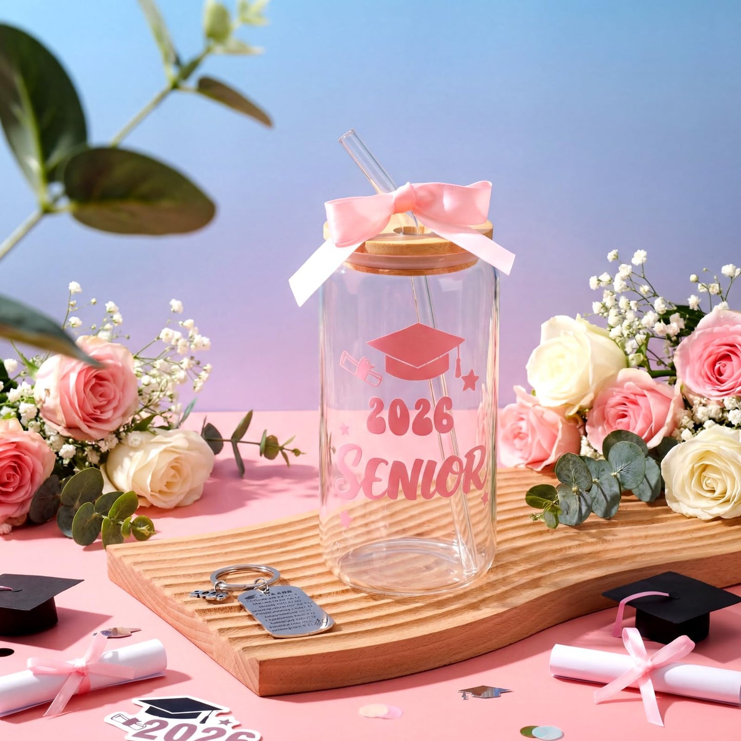 Remerry 9 Pcs 2026 Senior Graduation Gifts Set Pink Graduation Gift Basket Glass Cup Keychain Cosmetic Bag Bracelet Scented Candle with Box for College High School for Women Daughter Sister Friend