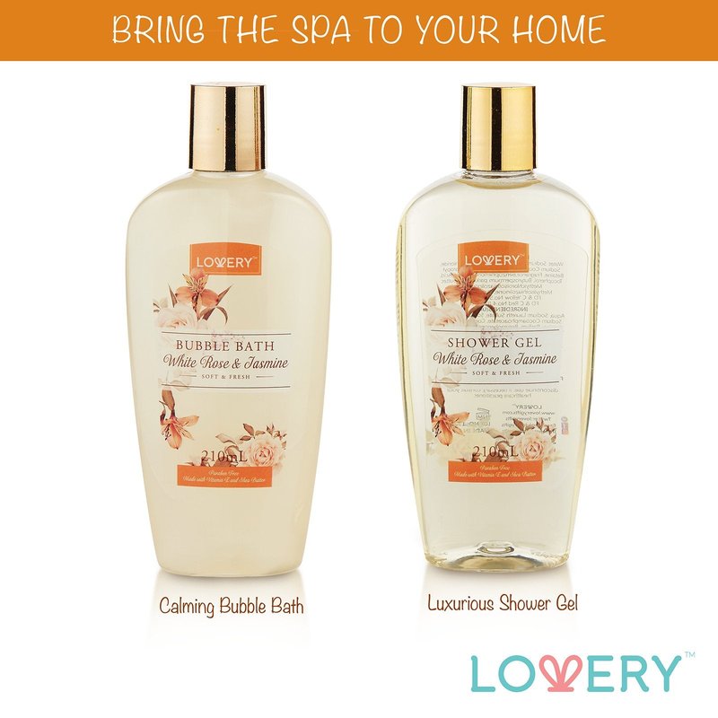 Home Spa Gift Basket - White Rose & Jasmine - Luxurious 11pc Bath & Body Set for Men & Women, Contains Shower Gel, Bubble Bath, Body Lotion, Scrub, Bath Salt, 4 Bath Bombs, Loofah & Basket