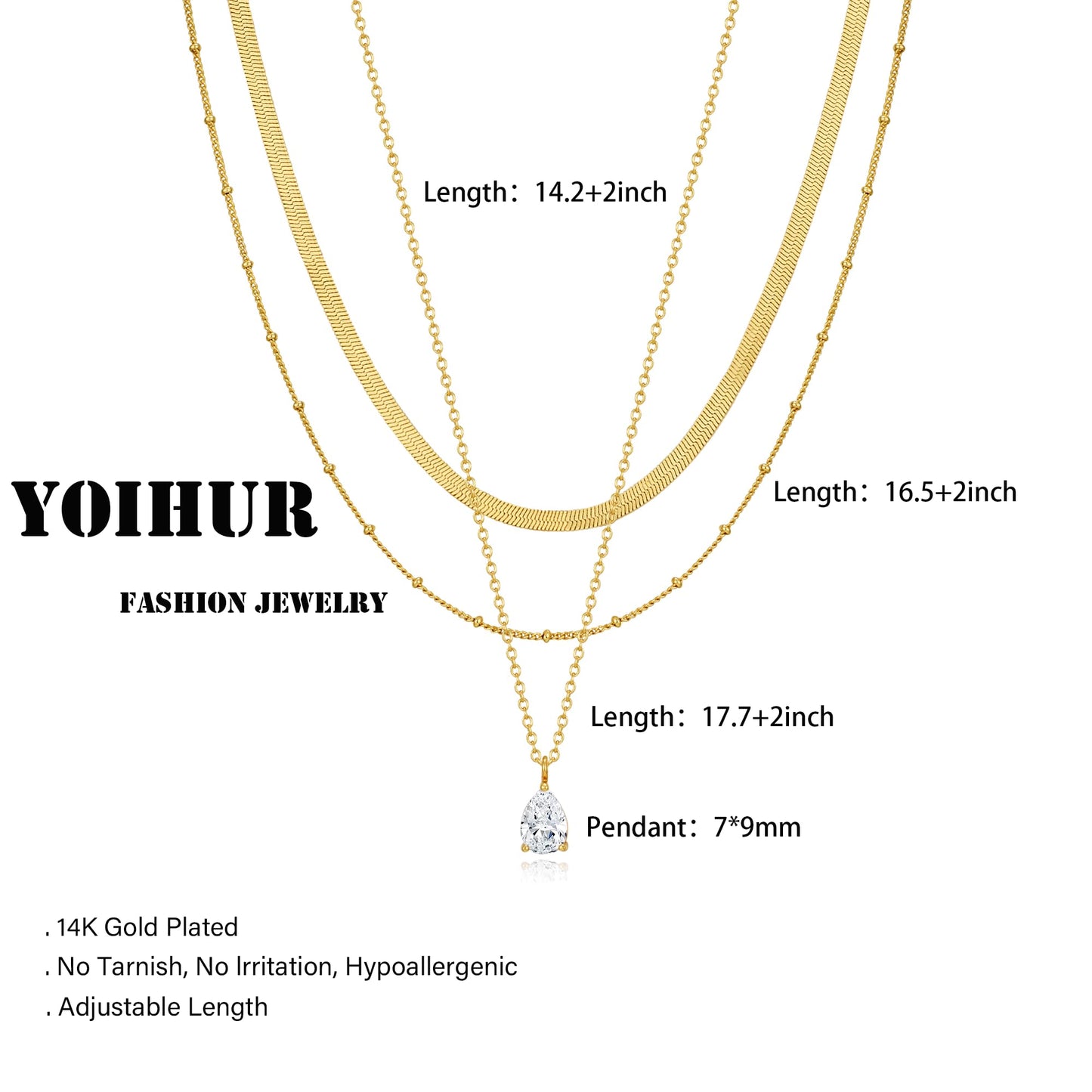 YOIHUR Layered Gold Necklaces for Women, 14K Gold Plated Beading Snake Chian Trendy Layering Water Drop Zircon Pendant Necklace Set Jewelry for Women