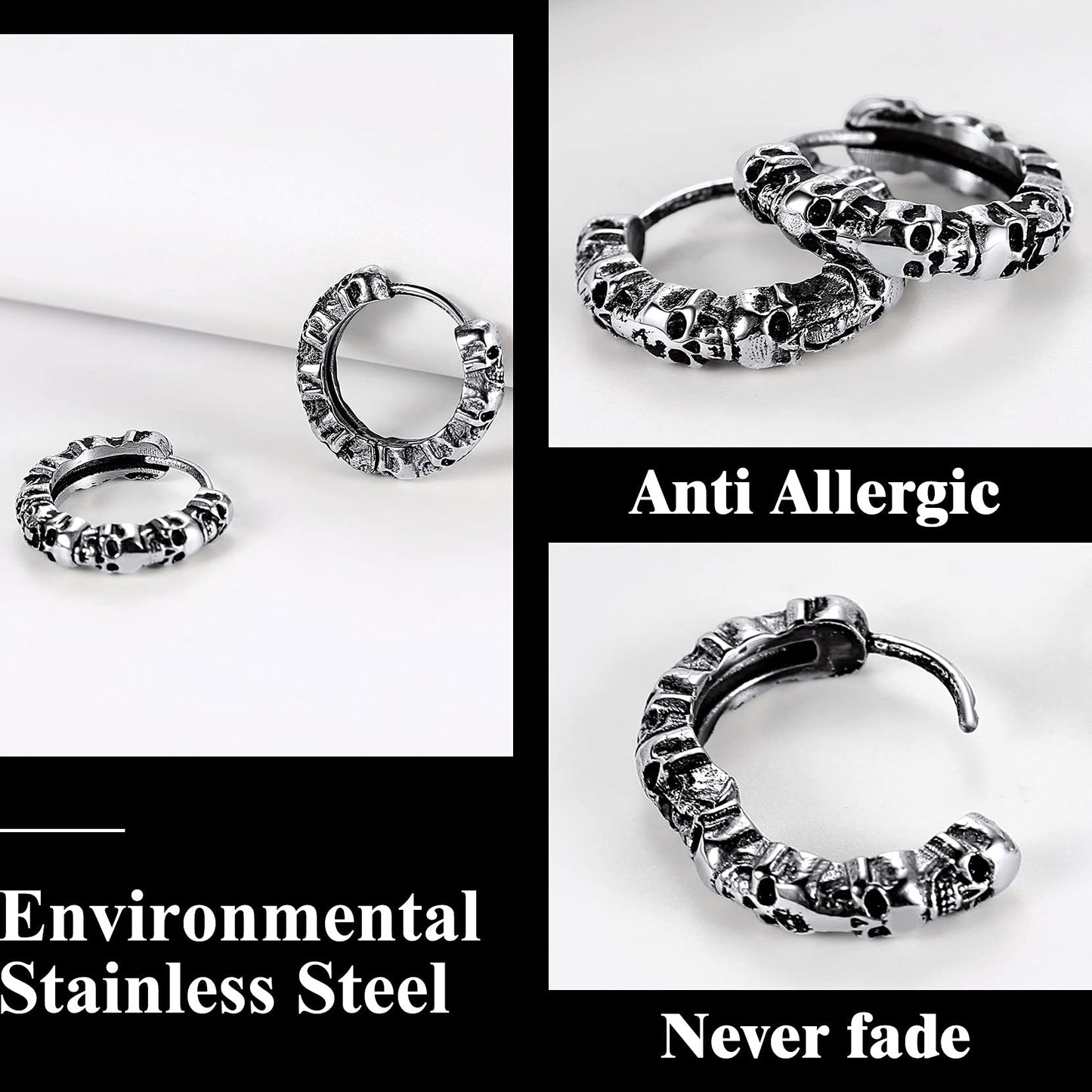 Richsteel 316L Stainless Steel Skull Earrings - Gothic Huggie Hoops for Men & Women, Dark Jewelry Statement Earrings