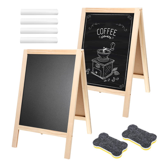 2 Pcs 15.7 x 9.8 Inch Small Chalkboard Signs Chalkboard Easel Tabletop Menu Wooden A Frame Sandwich Board Double Sided with 2 Erasers for Bar Wedding Parties Display Home Decor Sidewalk (Wooden)