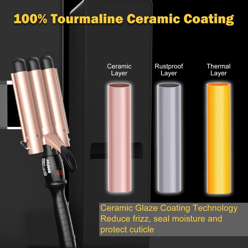 kuwa Crimper Hair Tool, 15 Variable Temperature with LCD Display Hair Crimper, Waver Hair Tool,3 Barrel Curling Iron, hairCrimper for Women,Long-Lasting Natural Tight Waves