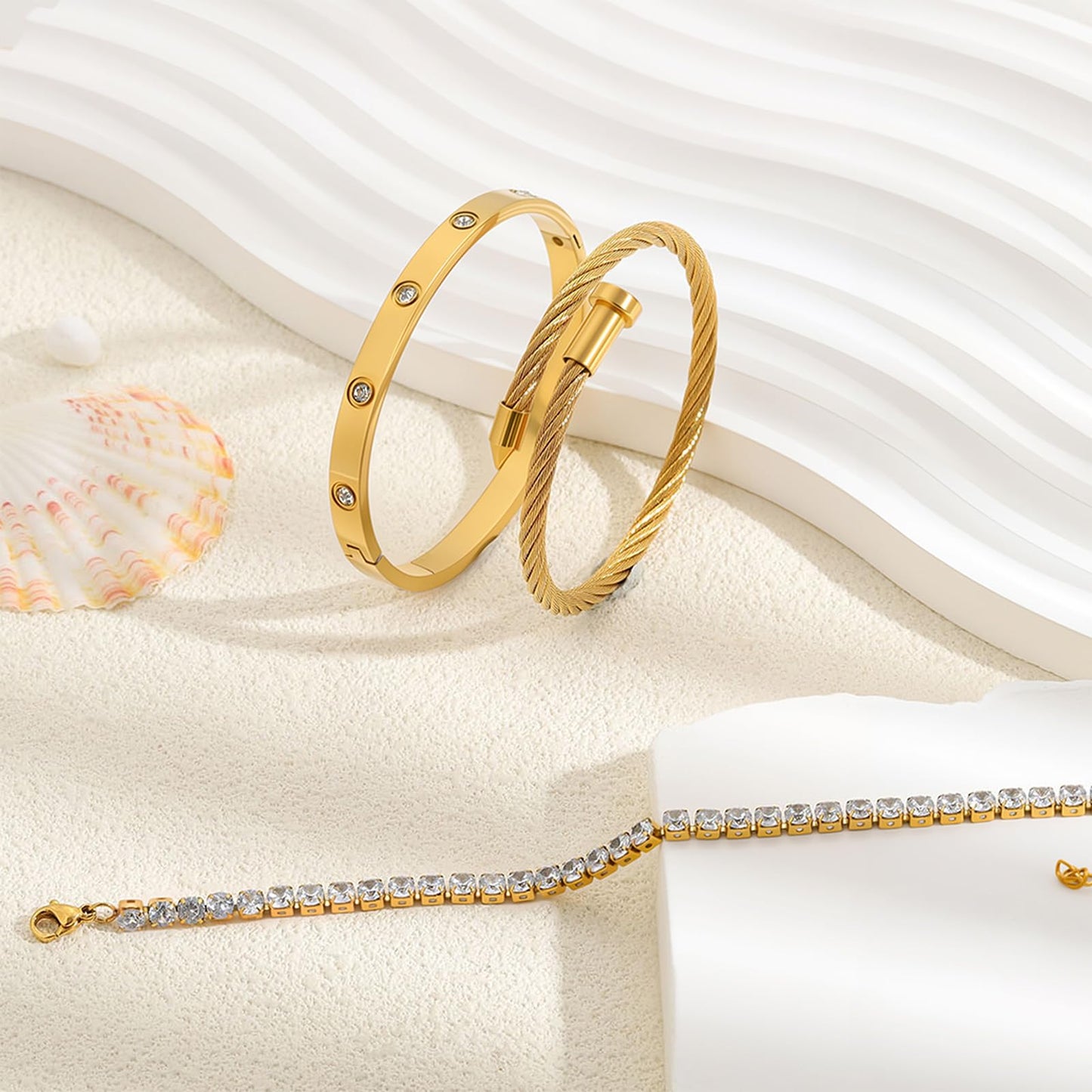 Camhanno Gold Bracelets for Women- 18K Gold Plated Stainless Steel Love Bangle, Nail & Tennis Bracelets Stack Set for Women with Gift Box |Accessories Designer Jewelry (Gold Bracelets)