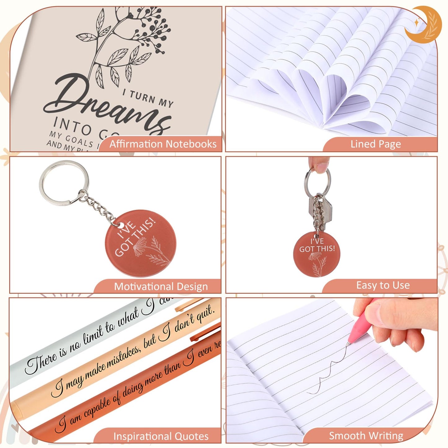 Mooliwe 24 Set Positive Affirmation Gift Set Gratitude Notebooks with Pens Acrylic Keychains Small Bags Motivational Notepads for Women Coworkers Christmas Adults Party Favors (Vibrant)