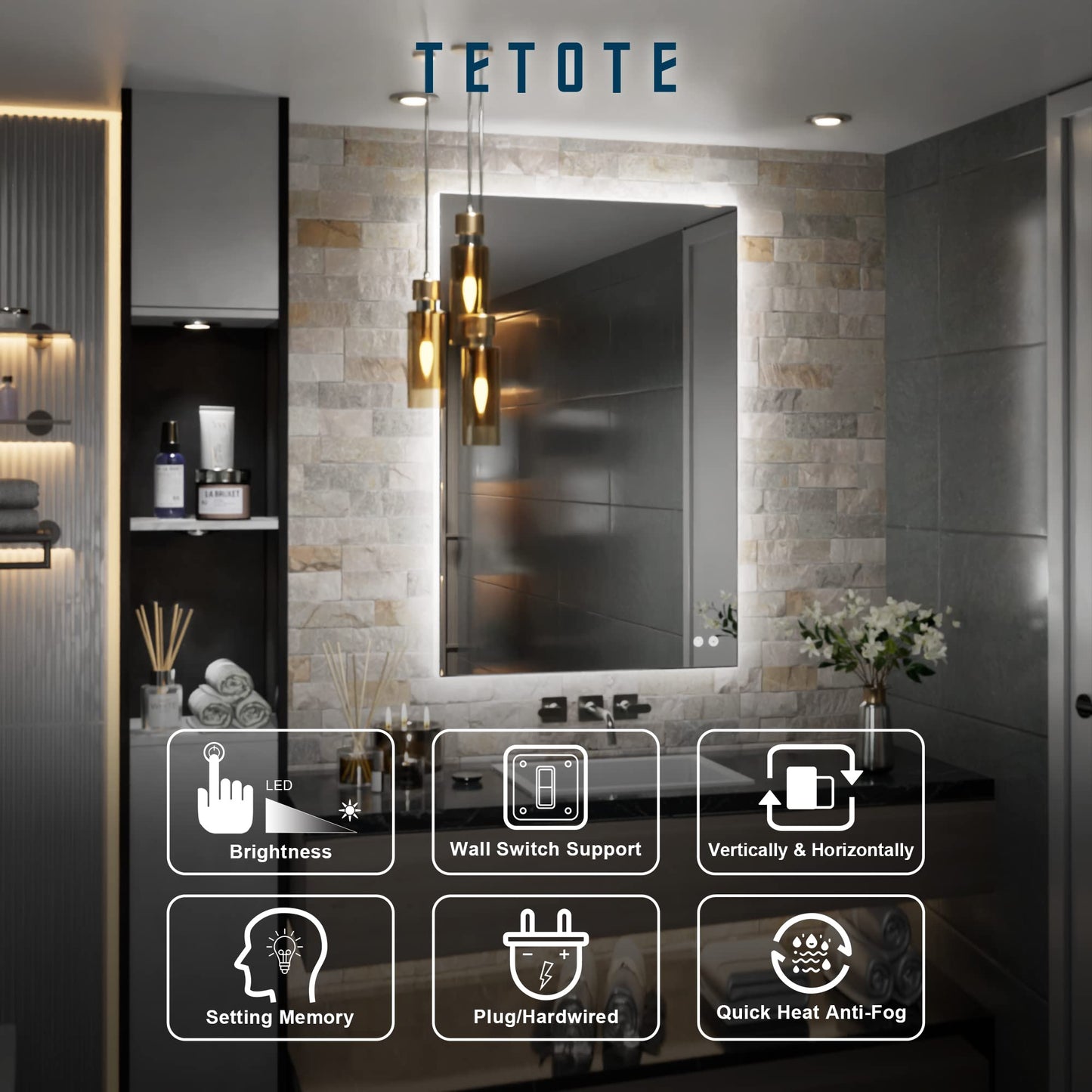TETOTE 24 x 36 Inch LED Mirror Backlit Bathroom,Anti-Fog Mirror with Light,Dimmable,CRI90+,IP54 Water Proof,Wall Mounted Vanity Lighted,Horizontal/Vertical