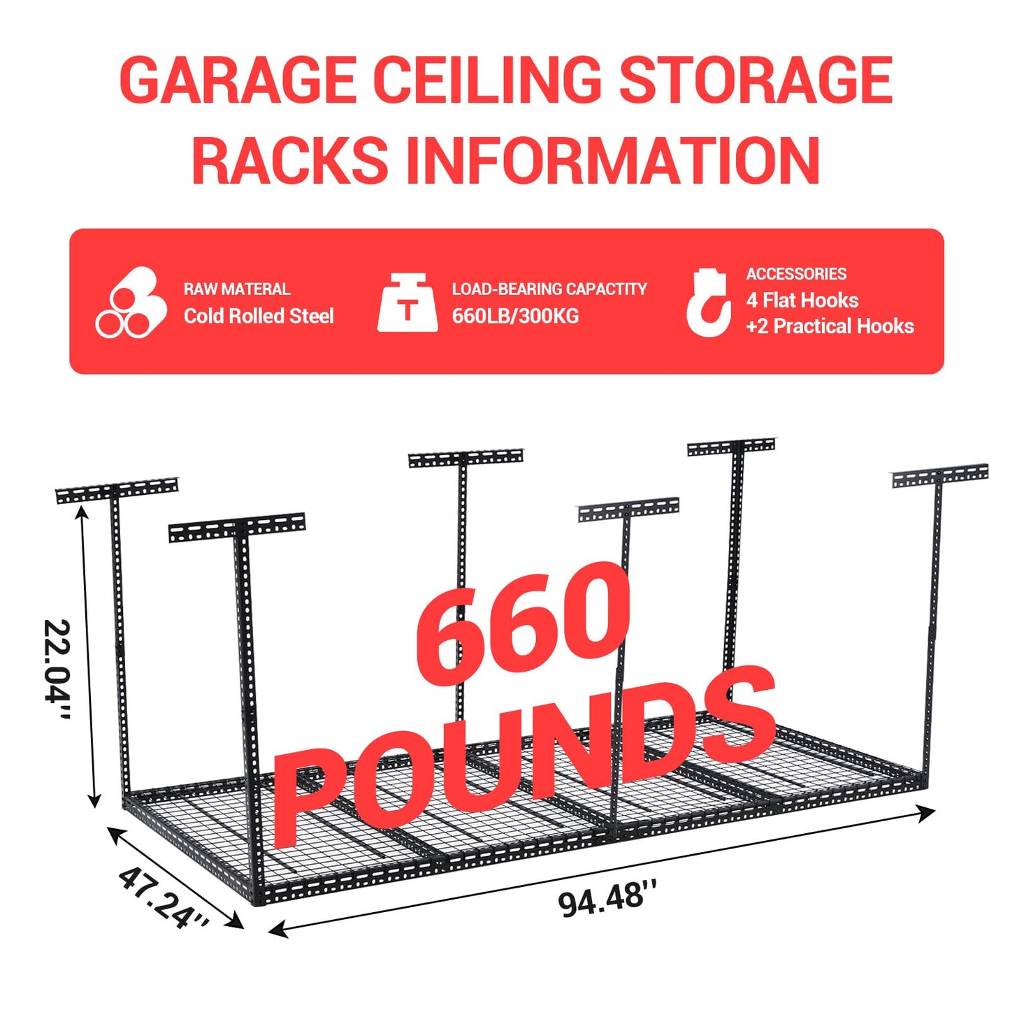 Garage Storage Rack 4x8 ft Overhead Ceiling Mounted Storage Racks Adjustable Garage Storage Organization of Heavy Duty Metal 600Lbs Weight Capacity