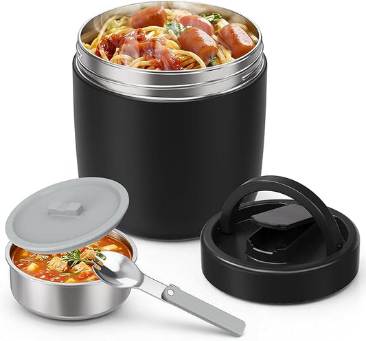 Thermo for Hot Food Adults, 40.5oz Wide Mouth Soup Thermo Lunch Containers with Spoon, Stainless Steel Vacuum Insulated Bento Lunch Box,Lunch Containers with Handle(Black)