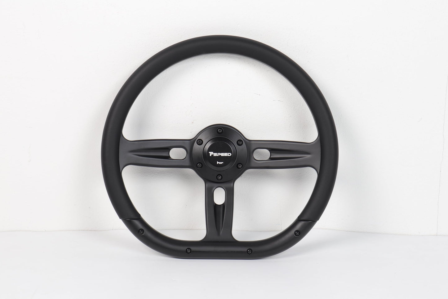 Pspeed 14 inch Universal steering wheel, D-shaped,6 Bolt 3 Spokes Deep Dish 50mm with Aluminum Alloy Matte Black Spokes Black Leather Grip for Cars, for Racing Car,for Classic Car steering wheel