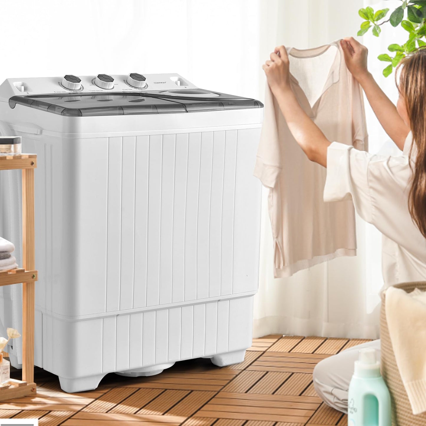 COSTWAY Portable Washing Machine, Twin Tub 26lbs Capacity Laundry, 18lbs Washer and 8lbs Spinner Combo with Timer Knobs, Built-in Drain Pump, Compact Washer for Home Dorm Apartment (Grey+White)