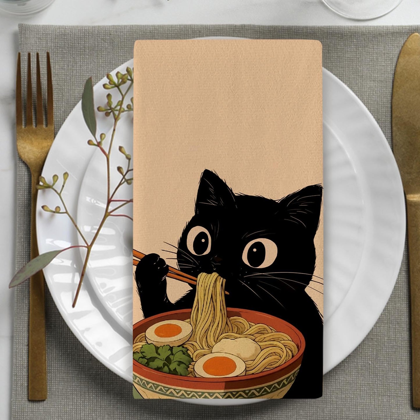Croar Funny Black Cat Kitchen Dish Towels Set of 2, Japanese Food Sushi Ramen Noodles Drying Hand Towel Baking Cooking Cloth, Restaurant Dinning Room Home Decor Pet Cat Owner Lover Gifts 18'' x 26''