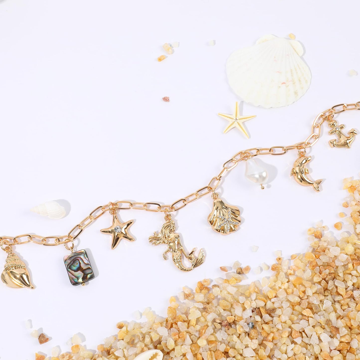 Gold Ocean Charm Necklace for Women Hawaii Chain Necklace with Cute Dangle Mermaid Shell Pearl Starfish Conch Dolphin Ship Anchor Sea Pendant Adjustable Trendy Y2K Summer Beach Jewelry Gift for Women