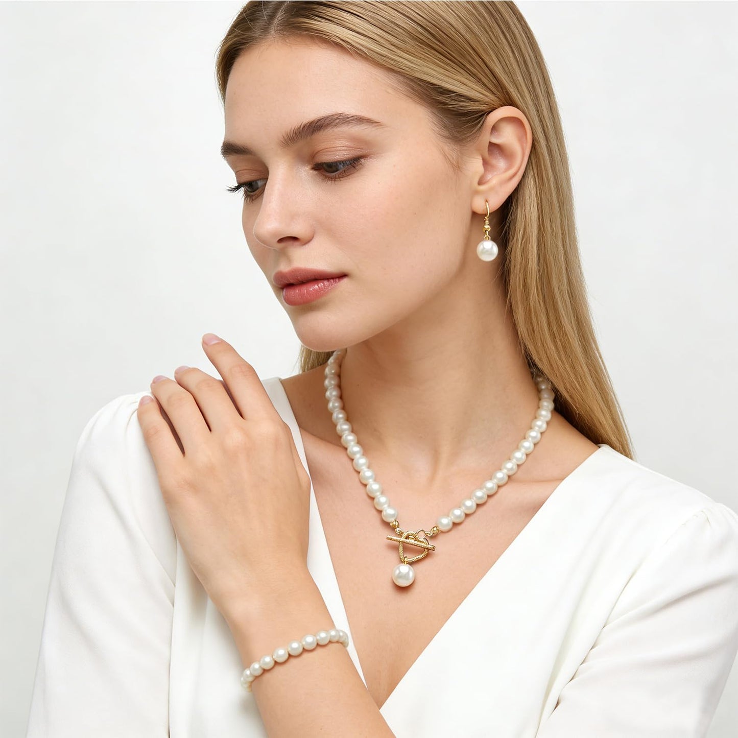 Cryshimmer Pearl Choker Necklace for Women 16K Gold Plated Faux Pearl Beads Strand Necklace Bracelet Earring Set Costume Jewelry(Heart-3PCS)