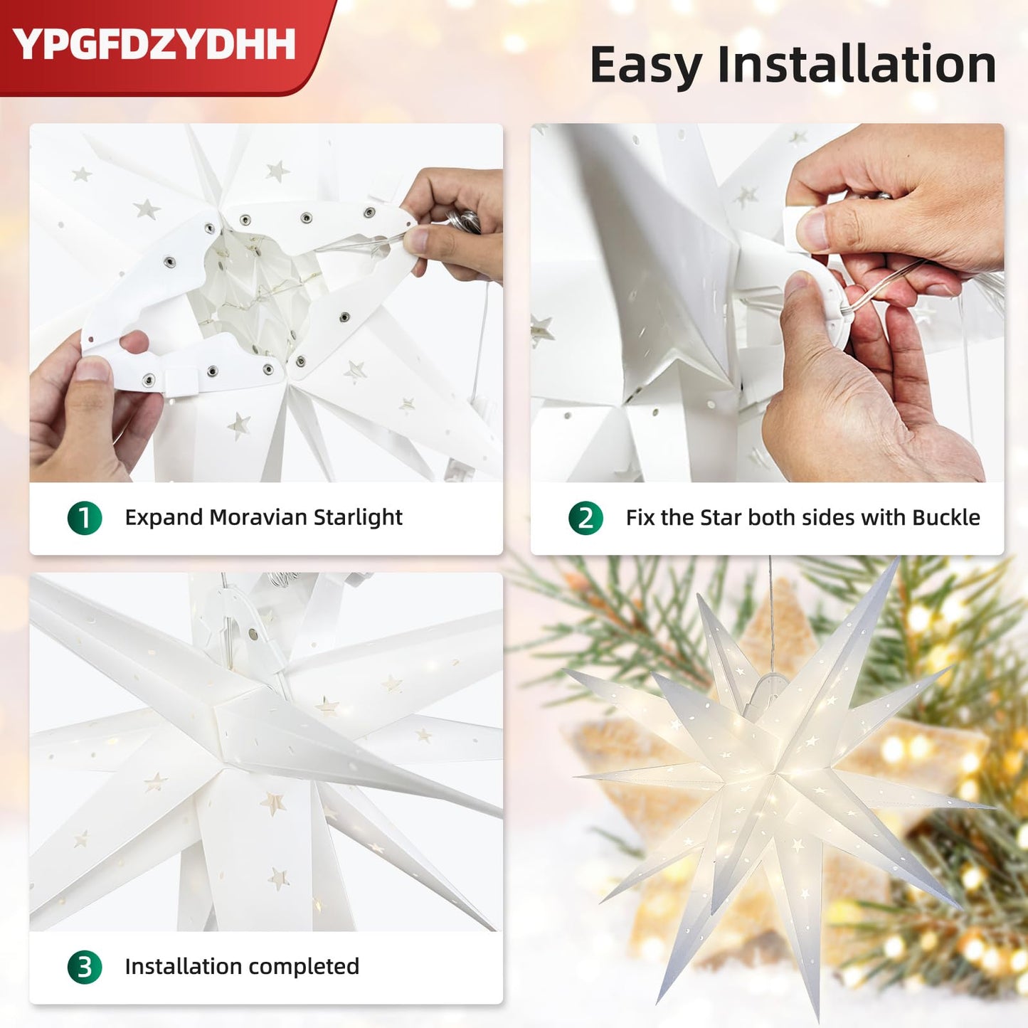 YPGFDZYDHH 23" Large Moravian Star Outdoor Light, Moravian Star Christmas Tree Topper Lighted Battery Operated, Remote Control Hanging Outdoor/Indoor Tree Topper Light for Courtyard, Porch-White