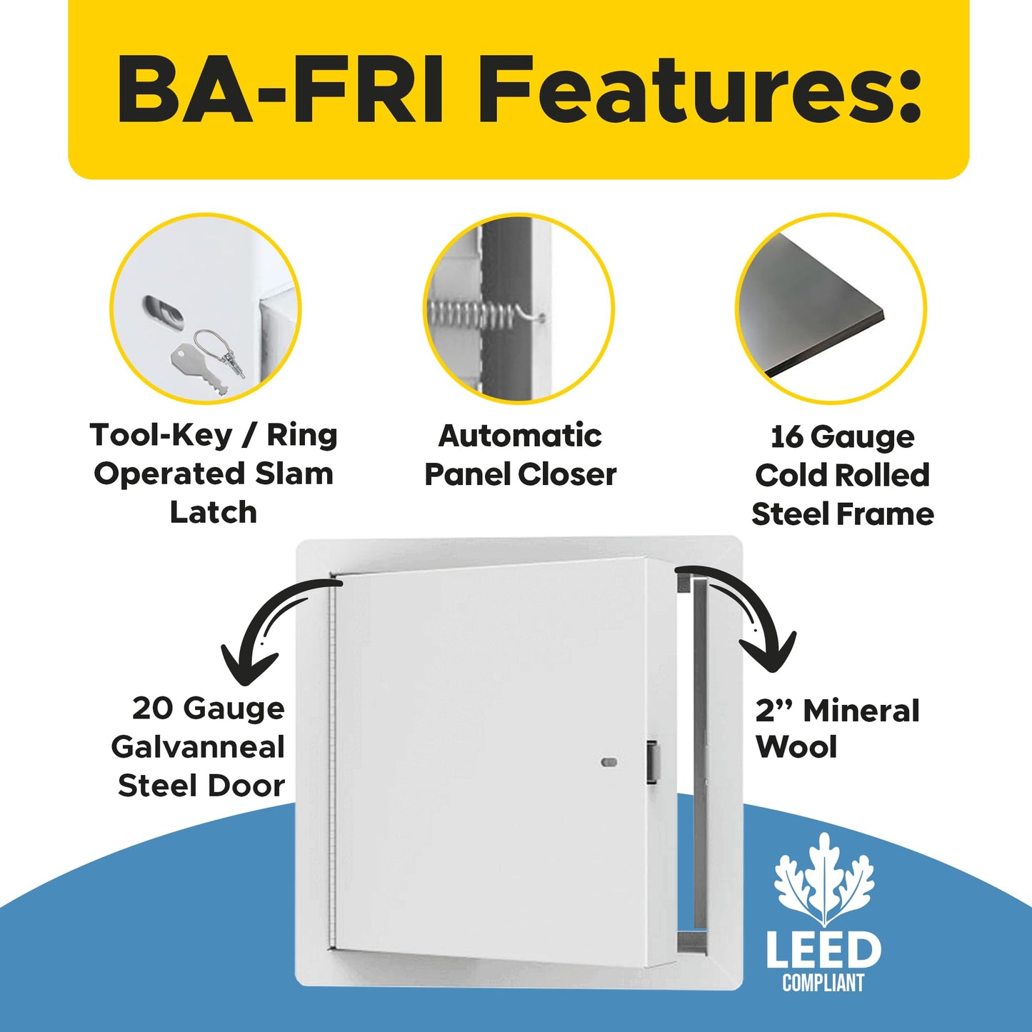 Best 18" x 18" Insulated Fire Rated Metal Access Door with Flange – 20-Gauge Galvanneal Steel Wall Access Panel, 2" Mineral Wool Insulation, White Powder-Coat Finish, LEED Compliant, BA-FRI