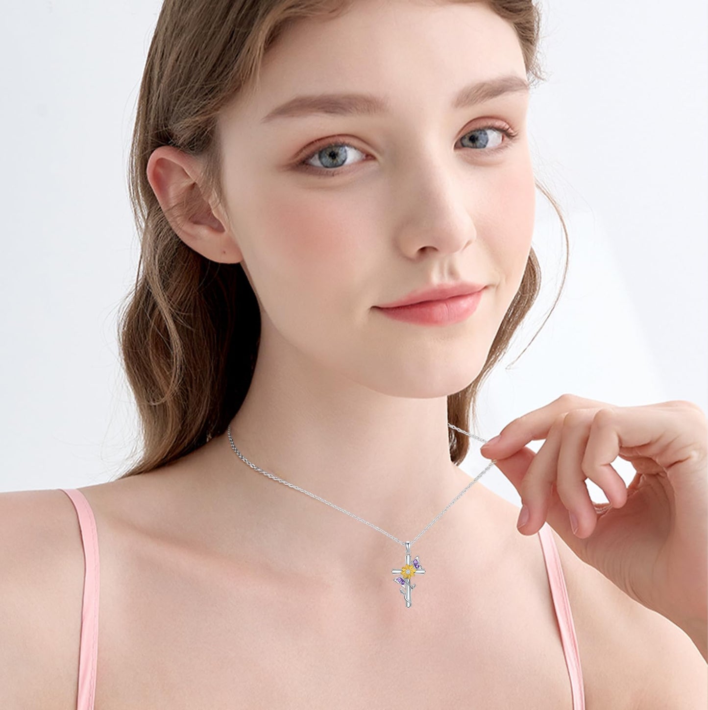 KoyeKei Butterfly Sunflower Necklace for Women 925 Sterling Silver Double Butterfly Cross Necklaces Pendant Christian Sunflower Jewelry Gifts Mothers Day Graduation Gift for Mom Wife Sister