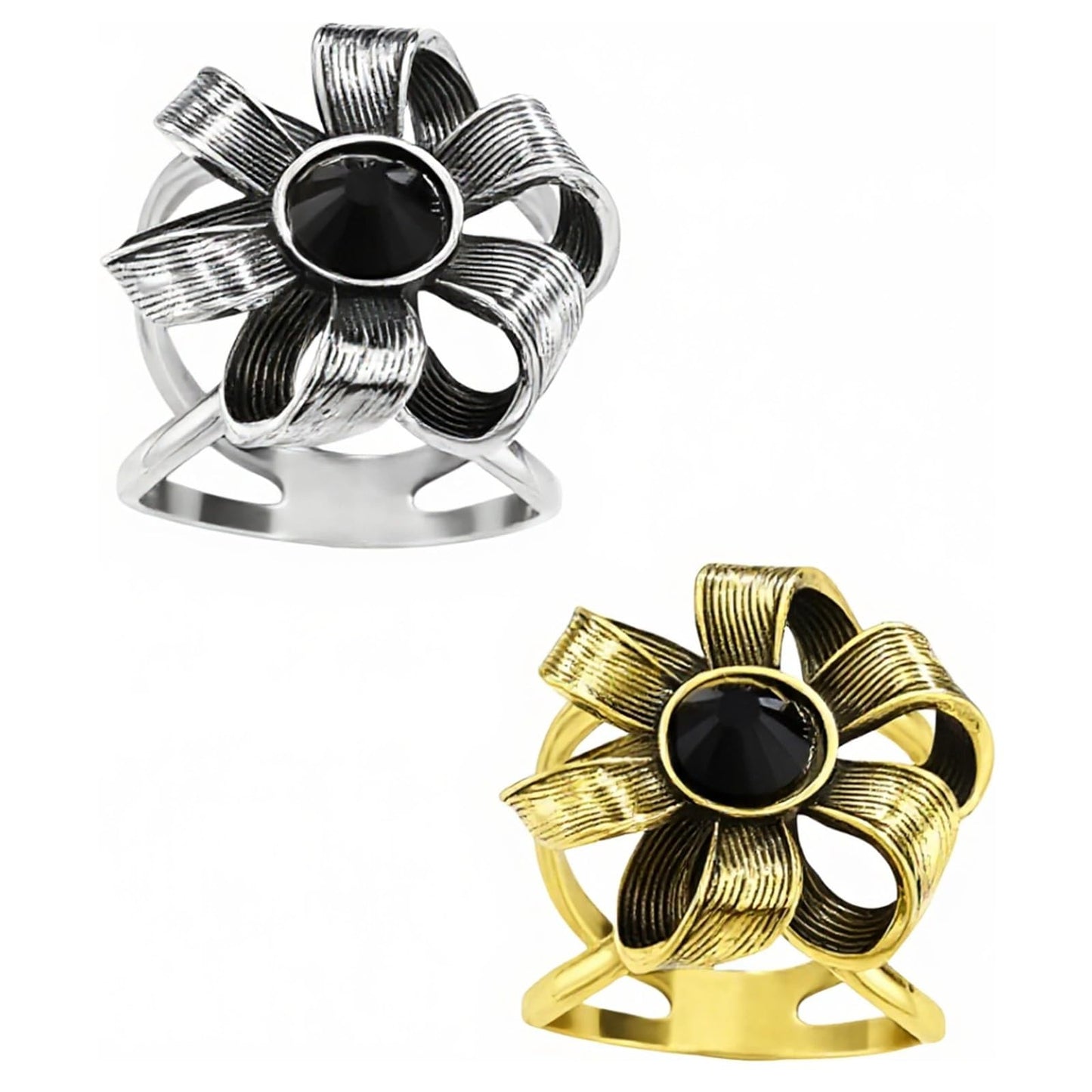 SYWDUDUCLT Gold and Silver Vintege Flower Scarf Ring, Metal Alloy with Black Crystal Center, 2 Pieces