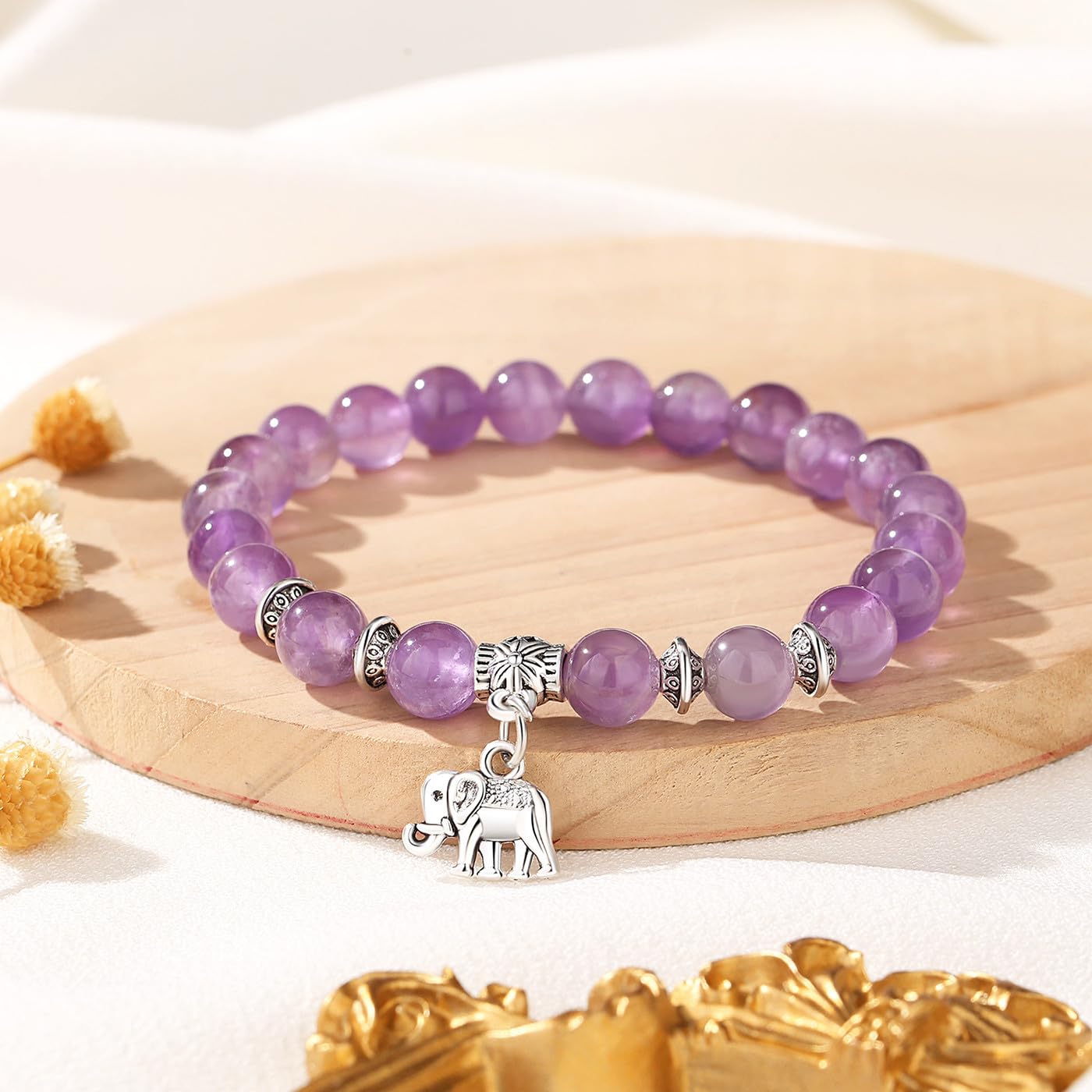 MAIBAOTA Amethyst Bracelet for Women, Purple Bracelet, Amethyst Crystal Stone Beaded Bracelets, Elephant Round Gemstones Stretch Bracelet, Crystal Jewelry Gifts for Women Mom
