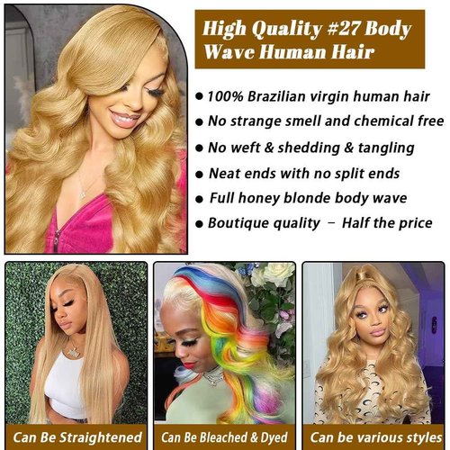 WigTune Honey Blonde Body Wave Bundles Human Hair 12A Raw Hair NO.1 Color 27 Bundles Human Hair 16 18 20 Inch 100% Unprocessed Brazilian Virgin Hair for Black Women