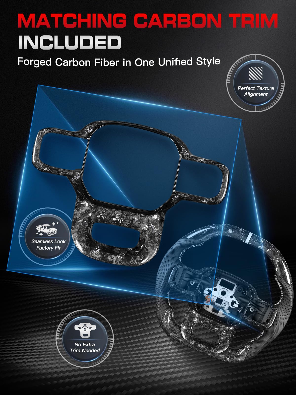TESFEEL Forged Carbon Fiber Steering Wheel Heated for F150 Raptor Gen 3 (2021-2025), Silver Foil Flakes with Matching Trim, Double D, White Stripe & Stitching, for Raptor (Base V6 Models)