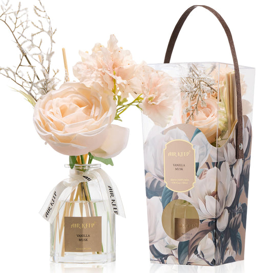 Airkeep Flower Reed Diffuser Set, Vanilla Musk Diffuser Gift Set,4.06 fl oz Essential Oil Sticks Diffusers for Bathroom Air Freshener, Aromatherapy Home Fragrance for Shelf Decor, Gift for Women Mom
