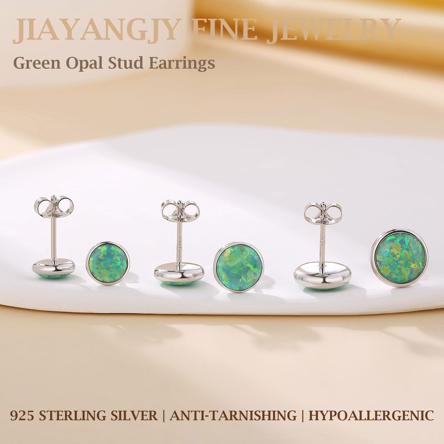 JiayangJY Silver Green Fire Opal Stud Earrings for Women Sterling Silver Round Shape 7mm Opal Earrings with Push Back