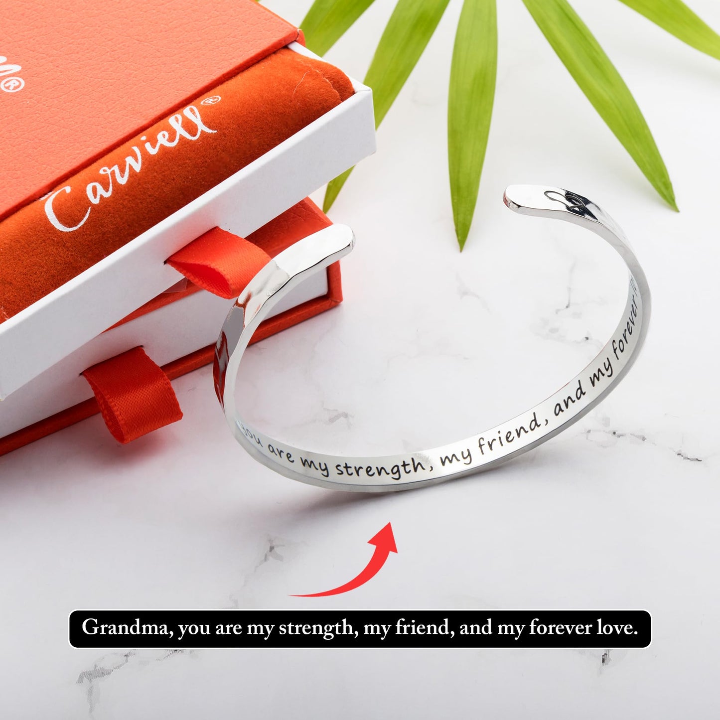 Carviell Grandma Bracelet, Gift for Grandma from Granddaughter or Grandson, Grandmother Birthday Gift, Christmas, Mother’s Day, Nana Jewelry, Stainless Steel Engraved Cuff