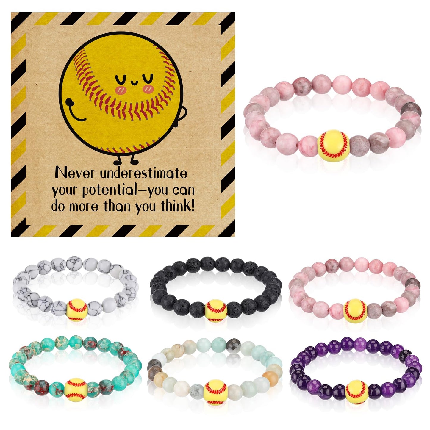 Tondiamo 6 Set Basketball Softball Inspirational Team Gifts Bulk Lava Stone Bracelet Motivational Card Bracelet Senior Night Sport Party Favors for Player Sport Lover (Softball)