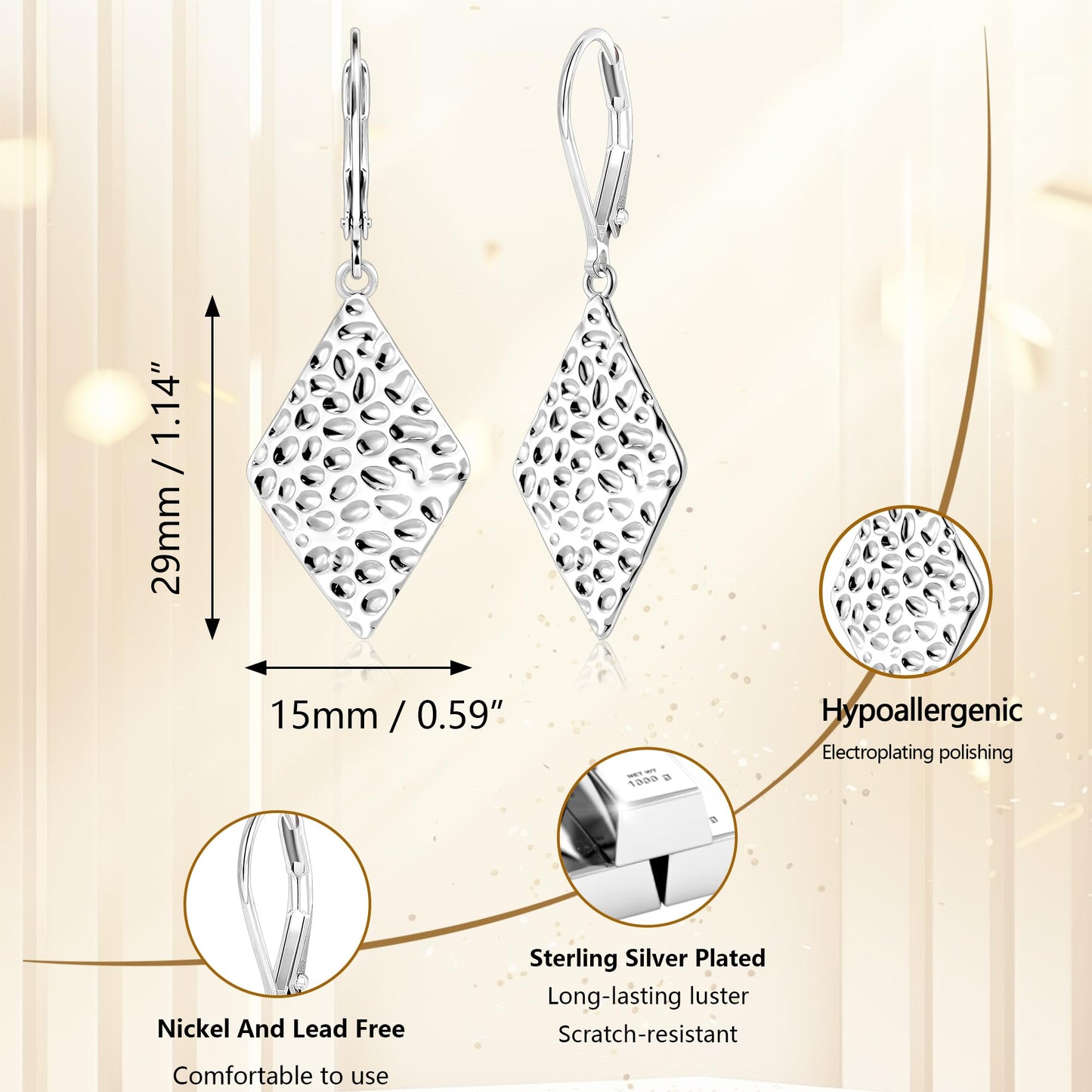 ALEXCRAFT Sterling Silver Rhombus Hammered Dangle Earrings for Women - Hypoallergenic Silver Drop Dangle Leverback Earrings Geometry Hammered Drop Earings for Women Jewelry Gifts